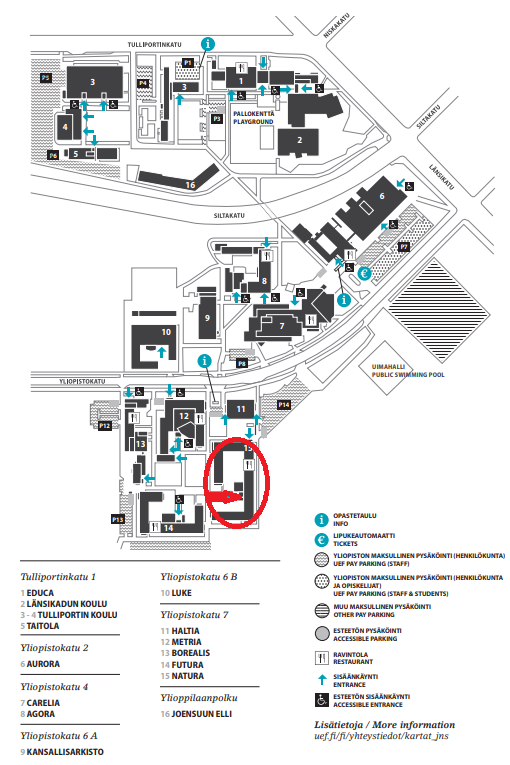 Itä-Suomen yliopiston Joensuun kampuksen kartta. Ympyröitynä Natura-rakennus ja merkattun nuolella pääsisäänkäynti sisäpihalta