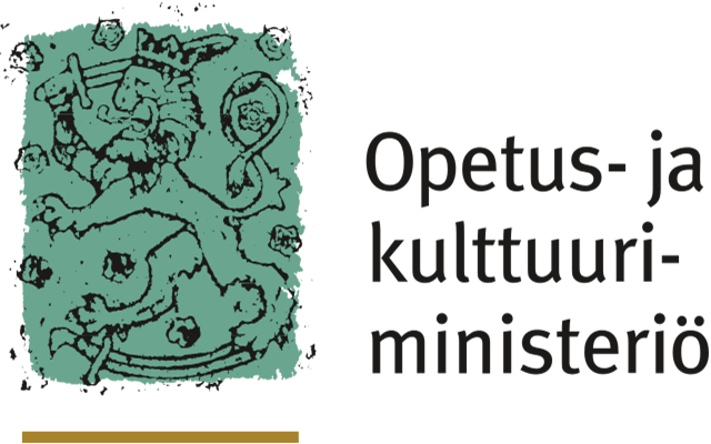 Opetus- ja kulttuuriministeriön logo, joka koostuu kyseisestä tekstistä ja sen vasemmalla puolella on suomen vaakunaleijona vihertävällä taustalla.