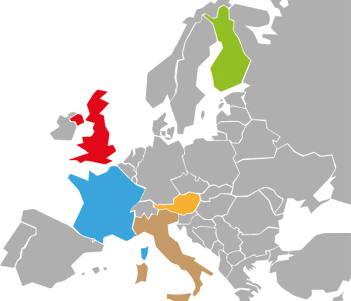 Euroopan kartta, josta väritetty Suomi, Italia, Ranska, Iso-Britannia ja Itävalta.